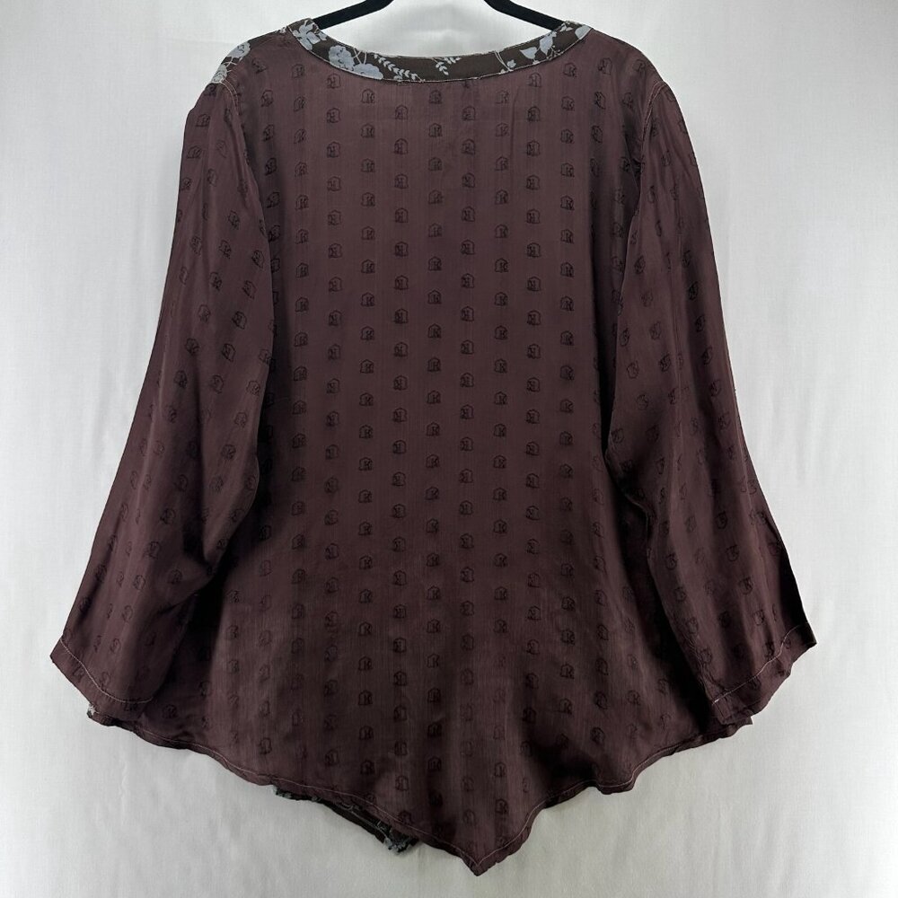 Tienda Ho Blouse Women One Size Asymmetrical Hem V-Neck Long Sleeve Floral Brown - Picture 2 of 11